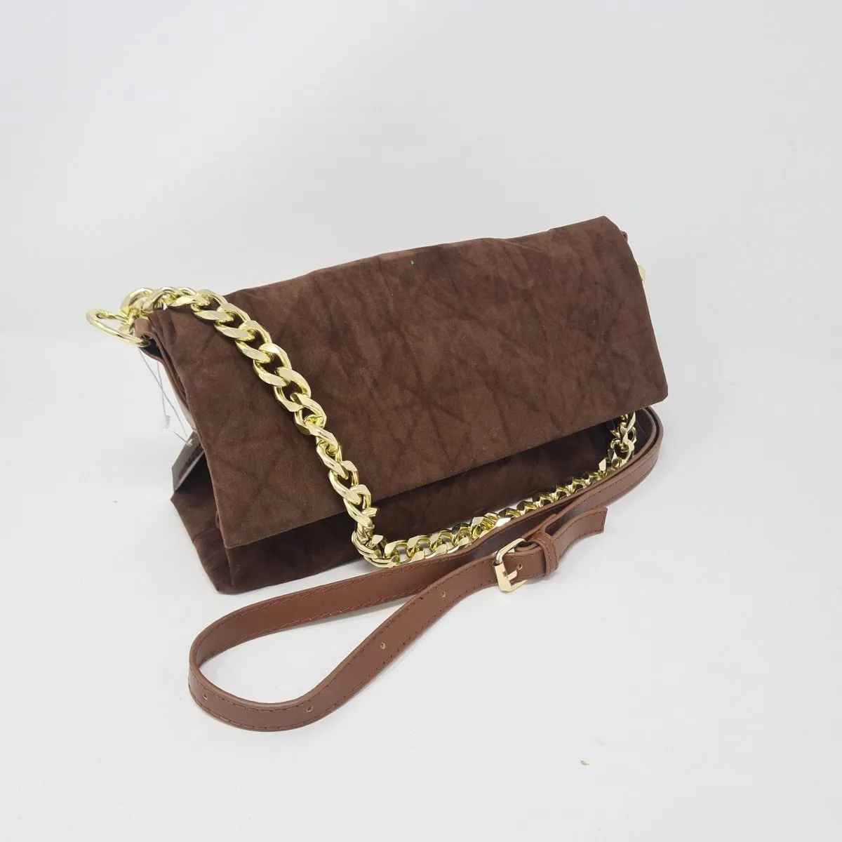 Brown Velvet Soft Feel Gold Chain Handbag