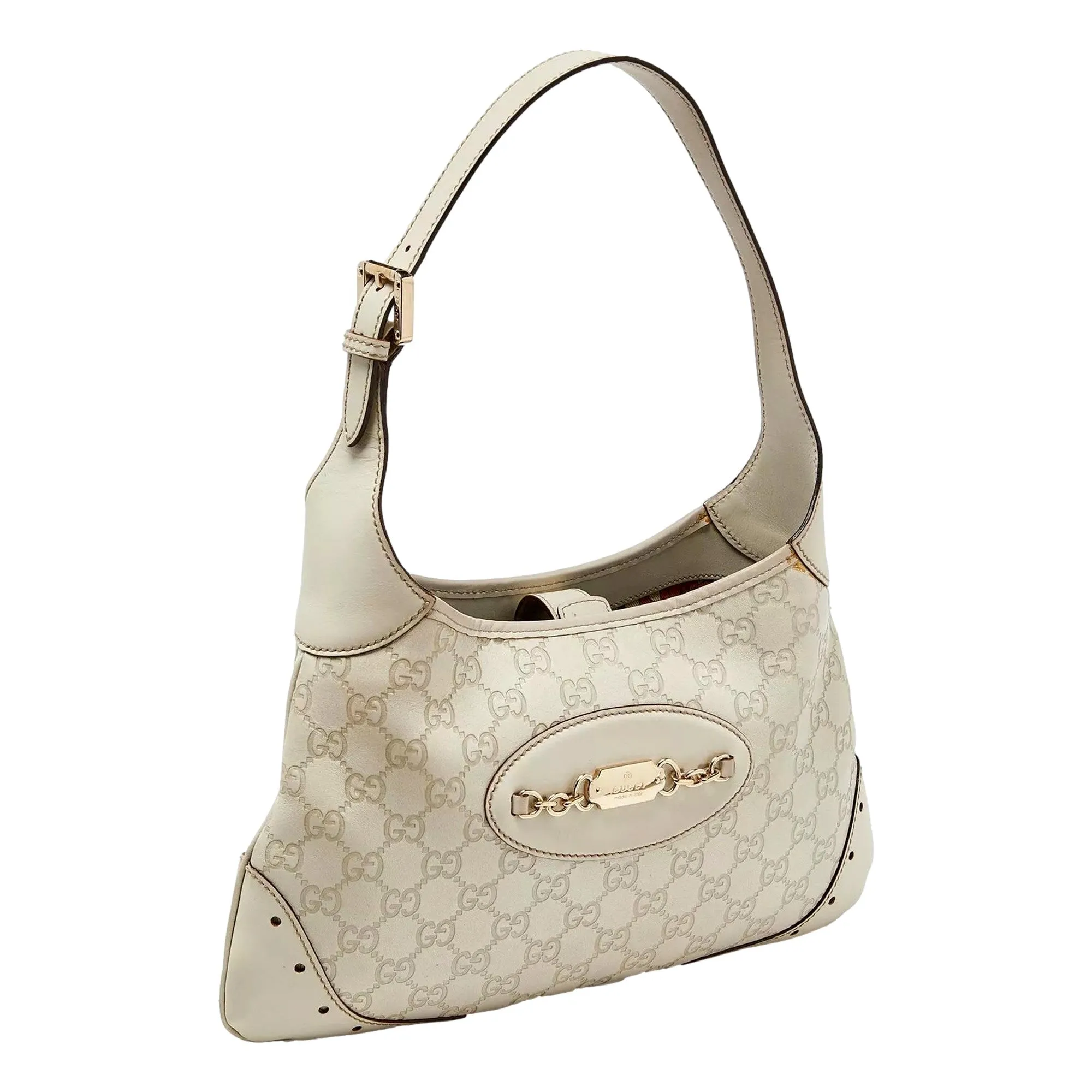 Gucci Guccissima Punch Hobo Handbag Logo White Leather Pre-Owned
