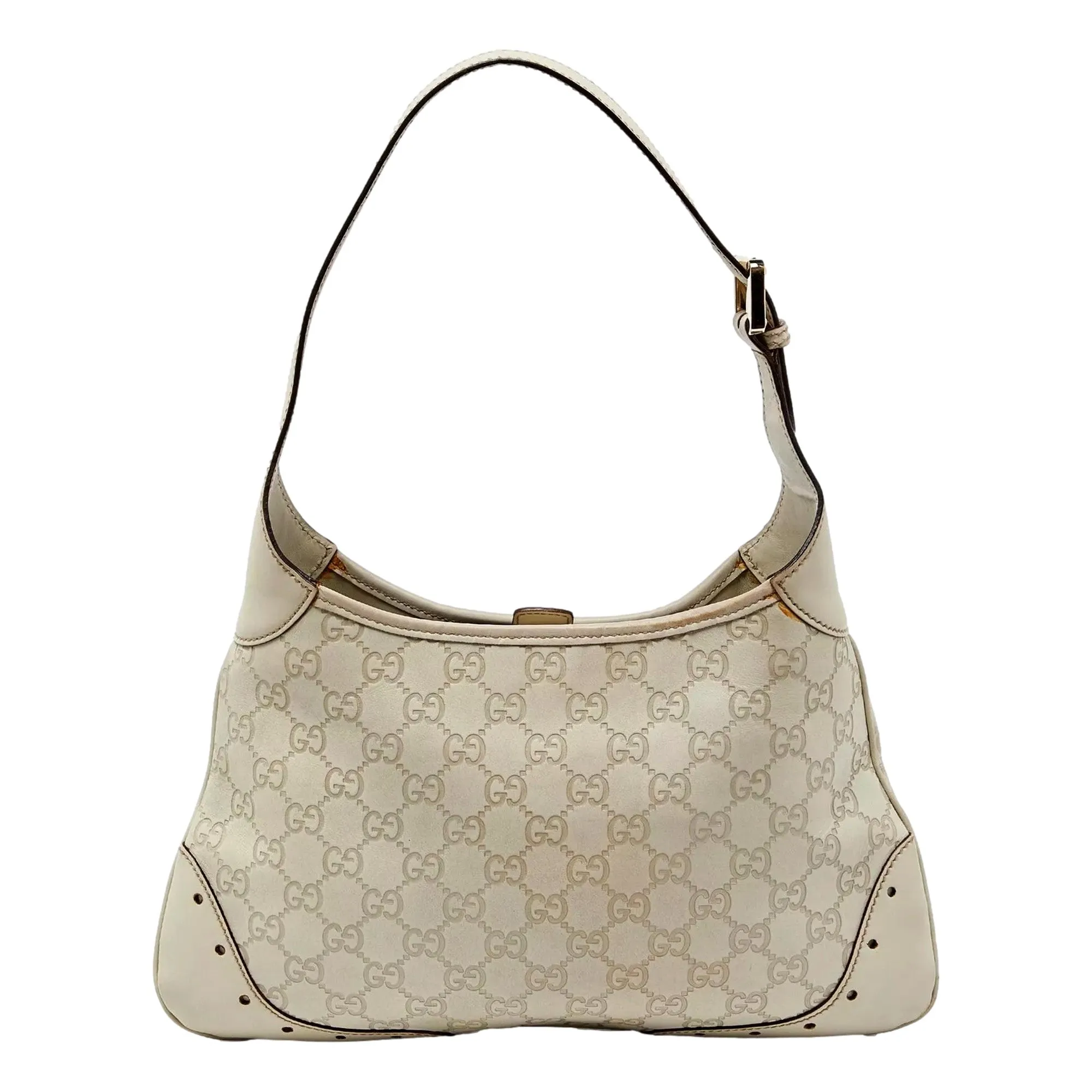 Gucci Guccissima Punch Hobo Handbag Logo White Leather Pre-Owned