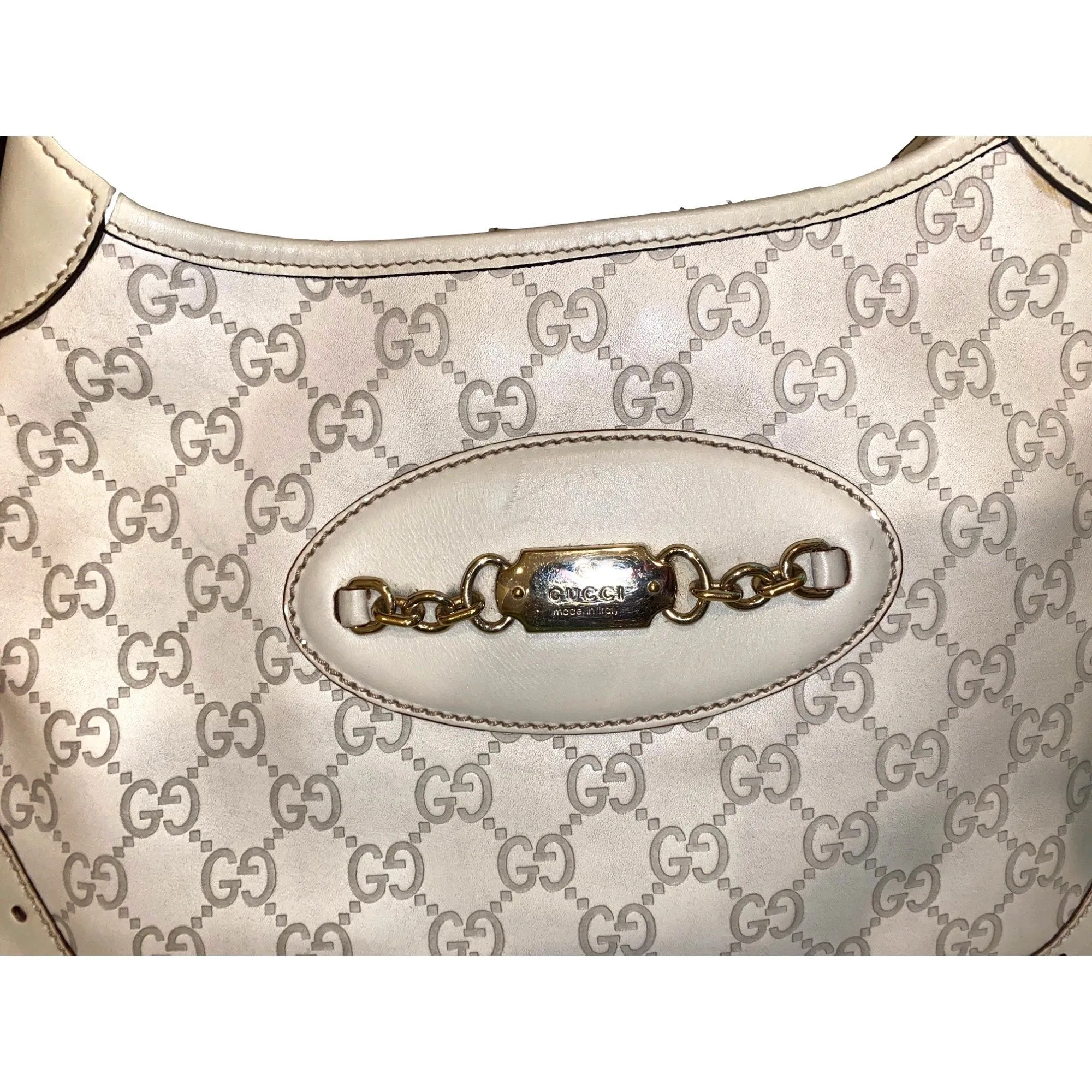 Gucci Guccissima Punch Hobo Handbag Logo White Leather Pre-Owned