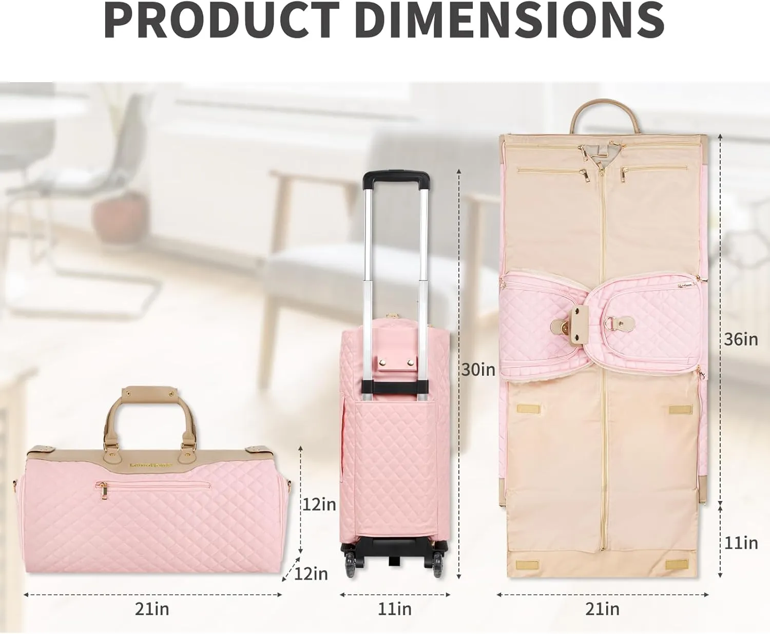 LemoHome Rolling Garment Bags for Travel,Carry On Duffel Bag for Suit and Long Dress,Garment Bag with Wheels,Shoulder Strap and Shoes Compartment,Convertible Weekender Suitcase for Women (Pink)