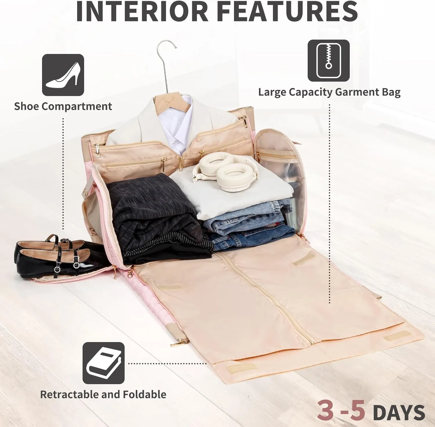 LemoHome Rolling Garment Bags for Travel,Carry On Duffel Bag for Suit and Long Dress,Garment Bag with Wheels,Shoulder Strap and Shoes Compartment,Convertible Weekender Suitcase for Women (Pink)