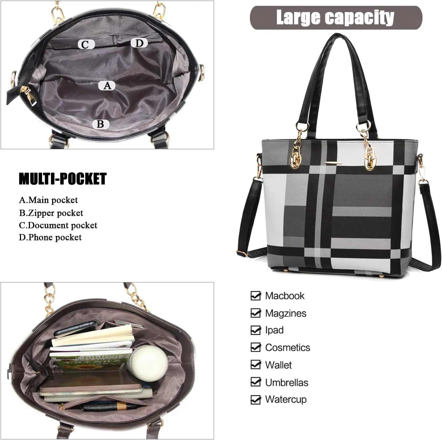 Purses and Handbags for Women Synthetic Leather Tote Crossbody Bags Satchel Purses Set 6pcs