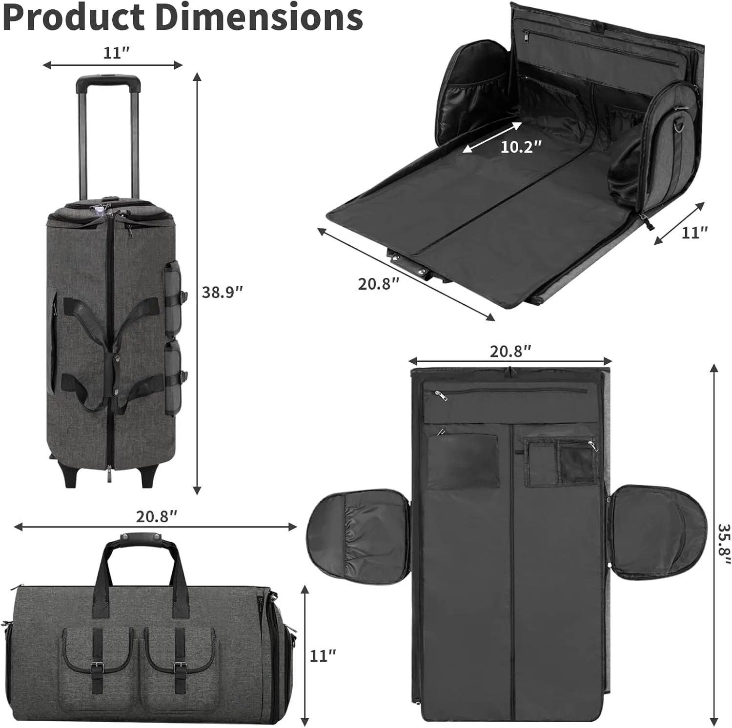Rolling Garment Bags for Travel,Convertible Duffle Bag with Wheels,Roller Carry on Luggage with Removable Garment Bag,Weekender Suitcase with Shoe Compartment for Men and Women (Grey2)