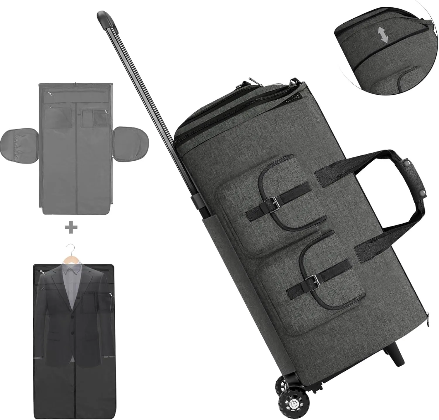 Rolling Garment Bags for Travel,Convertible Duffle Bag with Wheels,Roller Carry on Luggage with Removable Garment Bag,Weekender Suitcase with Shoe Compartment for Men and Women (Grey2)