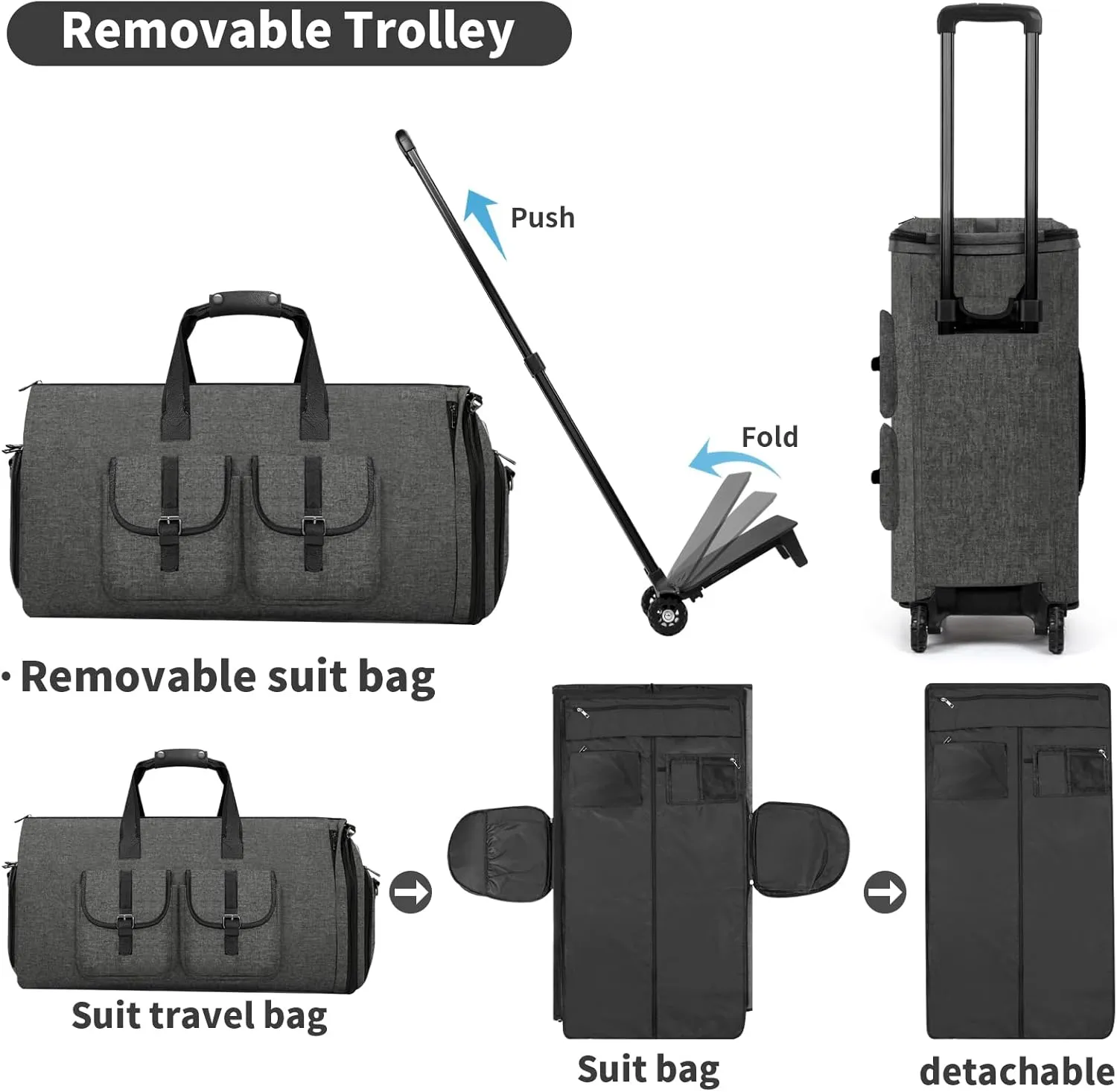 Rolling Garment Bags for Travel,Convertible Duffle Bag with Wheels,Roller Carry on Luggage with Removable Garment Bag,Weekender Suitcase with Shoe Compartment for Men and Women (Grey2)